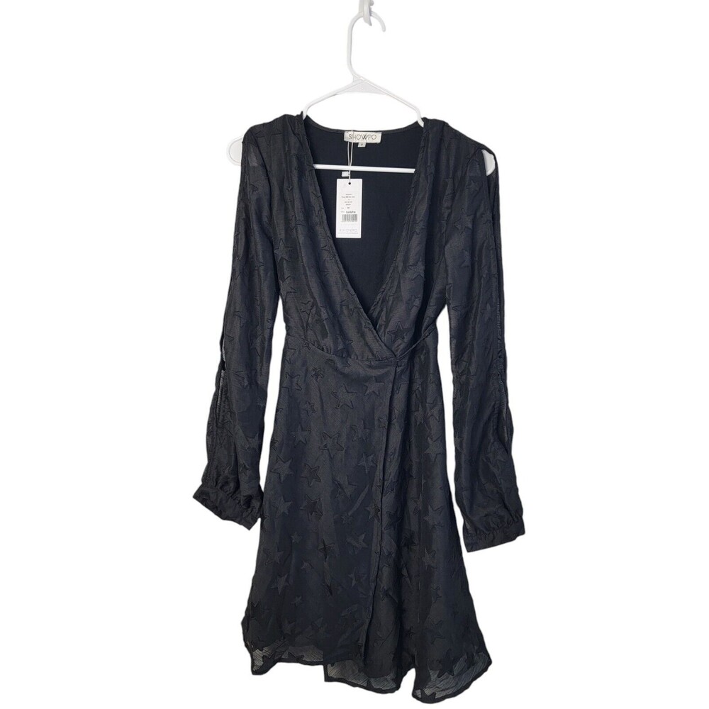 Showpo Willow Black Star Printed Faux Wrap Lace Slip Sleeve Dress Size 8